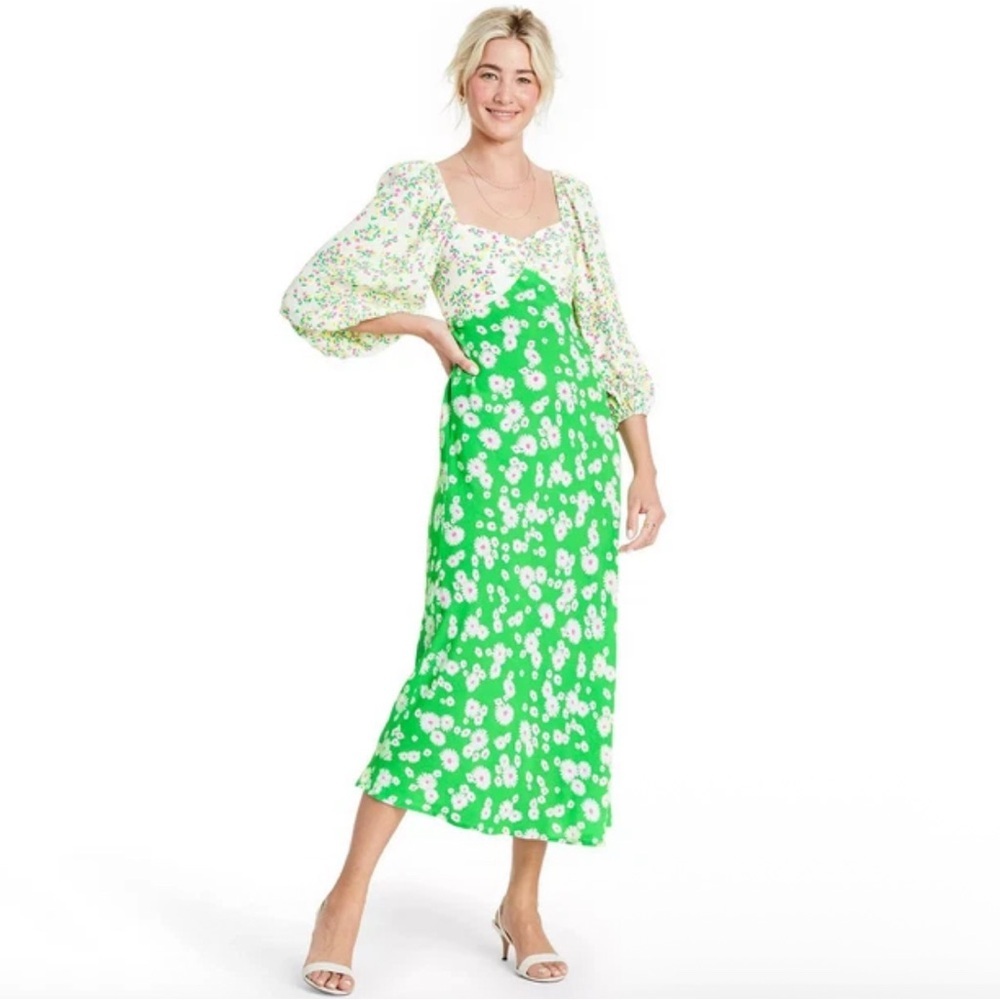 Rixo for Target Green Daisy Long Sleeve Swing Dress Size‎ 4 Retro Puff Sleeve